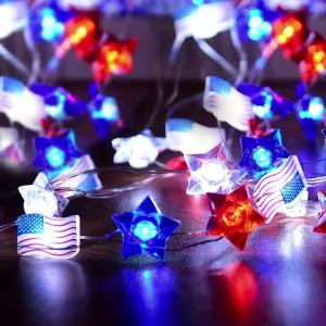Battery Operated Patriotic Lights American Flag and Star LED Garland for 4th of July Window Table Party Decoration