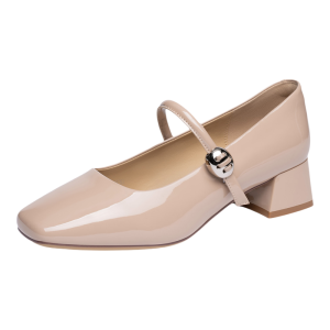 Josiny | Nude Square Toe Chunky Heel Mary Janes Leather Shoes