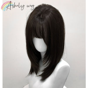 Ashely Black Wig Short Straight 16inch Hair Wig with Bangs Headband Wig High Temperature Fibers Synthetic Wigs Lolita Cosplay
