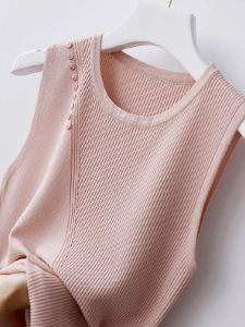 New 2025 Womens Knitted Ice Silk Strapless Sleeveless Vest round Neck Casual Inner Wear Versatile Style Regular Fit Summer Top