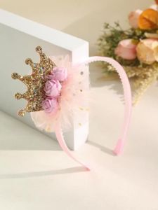 1pc Pink Mesh Gold Crown Headband with 3 Pink Flowers Lovely Cute Shiny Birthday Crown Tiara for Girls Kids Hairband