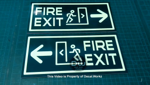 New Luminous Fire Exit Sign w/Arrow in 3mm. Sintra Board Glow in the Dark Cut Out Vinyl Sticker.