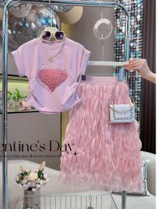 Girl Summer Wear Fashionable Korean Style Suit Medium and Large Childrens Short Sleeve Heart T-shirt Mesh Skirt Sweet Two-Piece Set