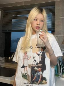 Retro American Cotton Short Sleeve T-Shirt Womens Loose Casual Oversize Half Sleeve Top Korean Style round Neck Print Spring