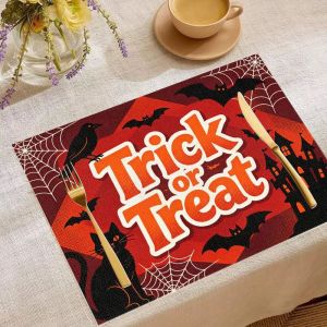 VIKAMA 2/4/6pcs Halloween Meal Mat Black Cat Ghost Pumpkin Ghost House Bat Spider Web Table Mat Spooky Home Party Decoration