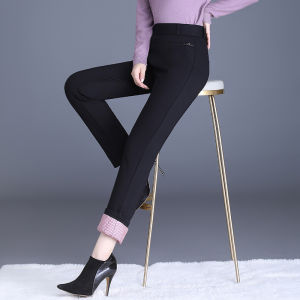 Quần Lót Lót Lông Cừu Lụa Dày Cạp Cao Cho Nữ Mùa Đông Quần Ống Đứng Rộng Rãi Co Giãn Màu Đen Quần Ấm Áp