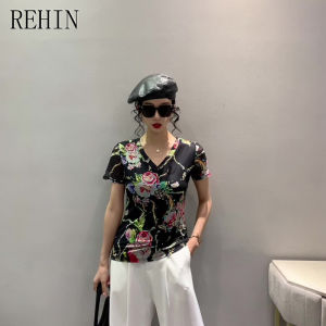 REHIN European-style New summer fashion mesh printed short-sleeved T-shir V-neck slim-fit trendy top with floral pattern