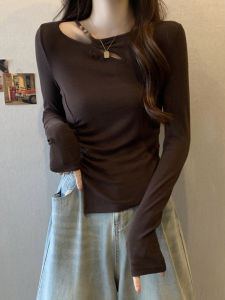 round Neck Cut Out Bottoming Shirt for Women Fall and Winter Inner Wear Long Sleeve T-shirt Fashion Stylish Silm Ruched Irregular Top