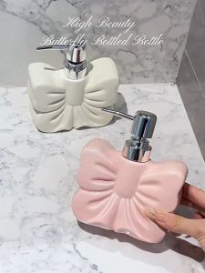 Sincecu Pink Bow Ceramic Soap Dispenser – Refillable Lotion Bottle with Cloud Pump | Aesthetic Bathroom Decor