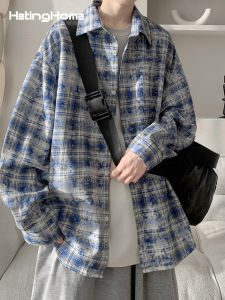 HetingHOME | Áo sơ mi kẻ caro dài tay rộng rãi cho nam mùa thu thời trang hợp thời trang áo sơ mi Mỹ cổ điển cho cặp đôi Hetinghome