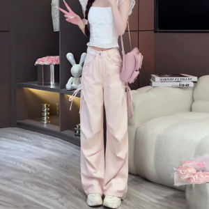 Summer Quick Dry Ice Silk Wide Leg Pants Womens Style Casual Drawstring High Waist Loose Fit Workwear Trousers Pink Color