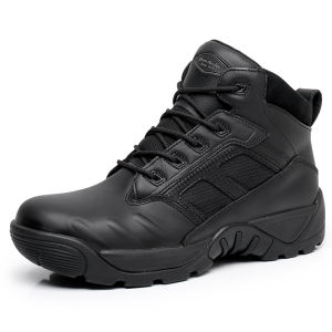 Mens Tactical Boots D12013 Black Leather Anti-Stab High Wear Resistance Mid-Calf Battle Boots for Outdoor Camping Travel