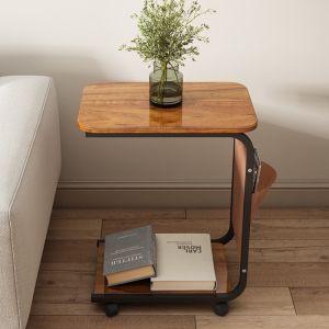Miumiu Wooden Side Table with Wheels Movable with Storage Bag Sofa Side Table Organizer Rack for Living Room Bedroom