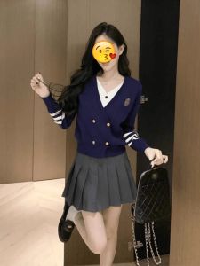 Korean Style College Preppy Double Breasted Knitted Open Cardigan Womens Spring Autumn V Neck Versatile Anti Aging Jacket Top