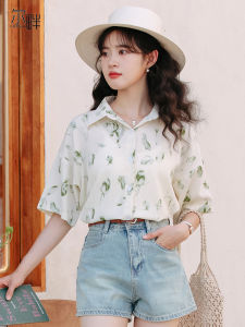 เสื้อเชิ้ตผ้าชีฟองแขนสั้นลายดอกไม้สำหรับผู้หญิง ดีไซน์เก๋ไก๋ ฤดูร้อน 2025 เสื้อเชิ้ตผู้หญิงสไตล์ใหม่ ดีไซน์เก๋ไก๋ แขนสั้น คอโปโล