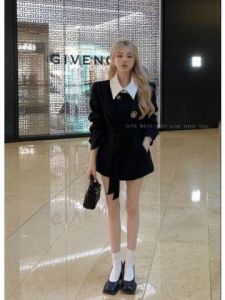 เสื้อโค้ทสีดำสไตล์วินเทจสำหรับผู้หญิง ทรงเข้ารูป ปกเสื้อโค้ททรงหัวเข็มขัด แขนยาว ทรงปกติ ฤดูใบไม้ร่วง/ฤดูหนาว