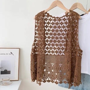 Original Design Spring Cut Out Womens Crocheted Vest Outer Wear Vest Preppy Style Cotton Cardigan Sleeveless Short Tops Waistcoat