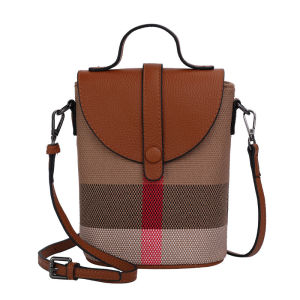 Aidrani   Classic plaid womens shoulder crossbody bag canvas leather mini bag caramel color Q1099