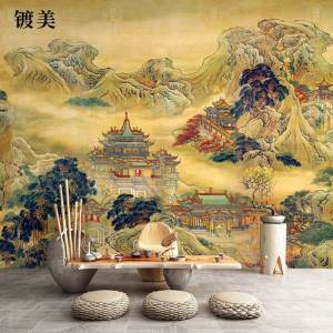 New Chinese Style Landscape Painting Paper Wall Decal for Restaurant Private Room Linghai Fairyland Map Living Room TV Background