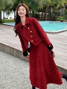 Red Small Fragrance Style Set Womens Autumn Winter Annual Meeting Zodiac Year Lady Elegant Full Outfit Skirt Two Piece Set