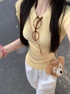 PEIXI | Dopamine Yellow Shoulder Fitting Slim Short Tshirt