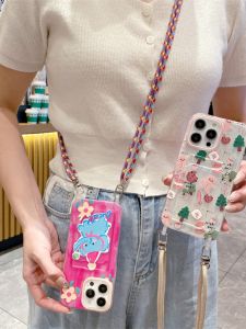 Creative Cartoon Rabbit Cat iPhone 15 pro Max Apple 14 13 12 Womens Phone Case Lanyard Protective Cover for Apple 11 plus
