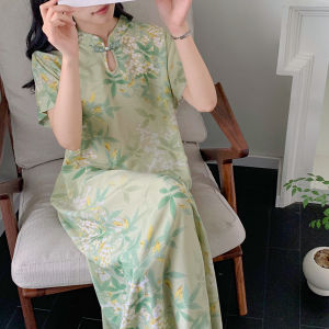 New Chinese Style National Style Artificial Cotton Nightdress Womens Summer Improved Cheongsam Pajamas Slim Looking Outwear Buckle Cotton Silk Dress Thin