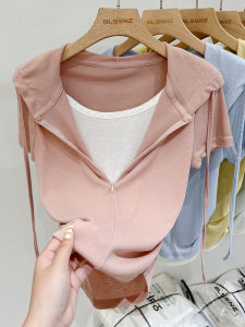 เสื้อยืดแขนสั้นผู้หญิงฤดูร้อน 2024 ดีไซน์ใหม่ เสื้อตัวบนทรงเข้ารูป สไตล์เกาหลี เสื้อคลุมกันหนาวแบบแยกชิ้นส่วนสองชิ้น