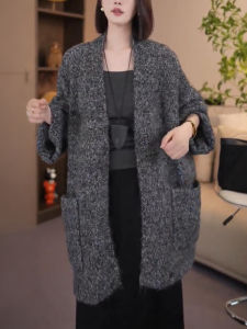 QINGNAER | Vintage Loose Big Pocket Sweater Cardigan Grey