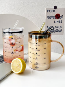 Large Capacity High Borosilicate Glass Cup with Handle And Straw for Drinking Water Home Use Scale Cold Drink Juice Cup