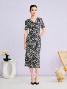 Summer New Fashionable Elegant Floral Print V-Neck Slimming Dress