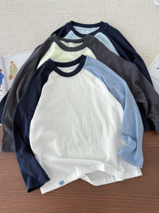 100% Slub Cotton Round Neck Long Sleeve Patchwork Raglan Sleeves Shirt