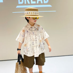 Boys Summer Lightweight Short Sleeve Shirt And Pants Set Stand Collar Tang Costume Two-Piece Suit Casual Cotton Blend Garment