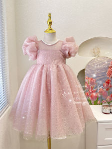 ชุดเดรสเด็กผู้หญิงสไตล์เจ้าหญิง ชุดเดรสทรงพองแขนสั้นฤดูร้อน สไตล์เกาหลี ผ้าผสม เสื้อผ้าเด็ก ชุดเด็ก ชุดเดรสเด็กผู้หญิง