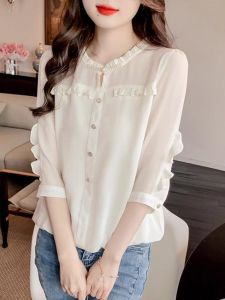 WANGGONGZHU | Elegant French Style Chiffon Shirt Womens Spring 2025 New Fashion Sleeve Design Chic Top Korean Loose Fit Solid Color