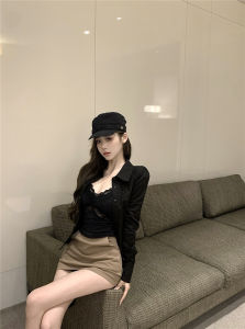 Retro American Spicy Girl Turn-down Collar Slim-fit Black Shirt Womens Autumn High-end Sensation Personality Outerwear