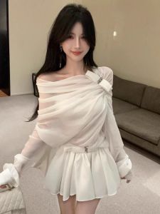 GUZILIAN | Elegant Heavy Embroidery Semi-Transparent Chiffon Shirt Shoulder Bows High Waist Mini Skirt Set Womens Fashion Spring Autumn