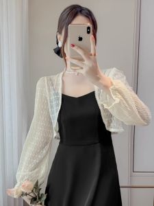 Lightweight Summer Lace Sleeveless Short Outerwear Womens Pearl Trim Open Cardigan Sun Protection Clothes Fashionable Commute