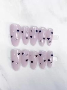 【5in1 Toolkit+HANDMADE】Artificial Nail Black Heart Small Crystal Diamond Phototpy Patch Press on Nails Fake Nail Reusable