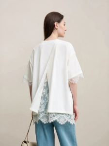 AMII | Vacation Style Round Neck Cotton Lace Insert Drop Shoulder T-Shirt
