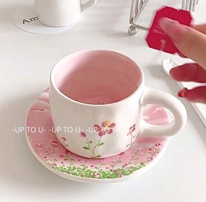 ✨SG SELLER ✨Flower ceramic cup with plate set cute coffee cup tea cup drink cup mug Blue Cloud