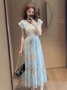 YIKEMAI | Blue French Style Strap Dress Slim Fit Mid-Length