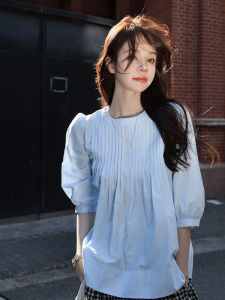 Chic Loose Fit round Neck Seven Quarter Sleeve Womens Shirt Spring Autumn Sweet Youthful Doll Shirt Korean Style Commute