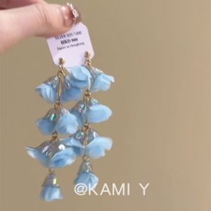 Blue Bellflower Tassel Earrings Womens Fashion Elegant Versatile Alloy Jewelry Retro Court Style  Outlined Pair Set
