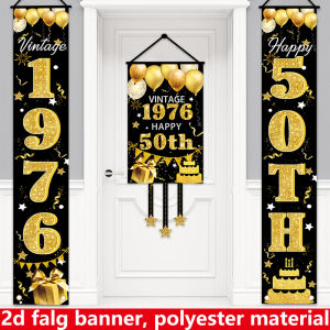 2D Flat 3-Piece 50th Birthday Banner Polyester 70.9×11.8in Black Gold Porch Sign Indoor Outdoor Party Supplies