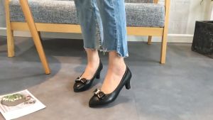 [with box] Versatile single mid heel bow leather chunky shoes womens work shoes high heels