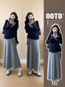 Maternity Dress Autumn Fashion Two-Piece Set Long Skirt High Waist Korean Style Commute Suitable All Seasons Long Sleeve round Neck