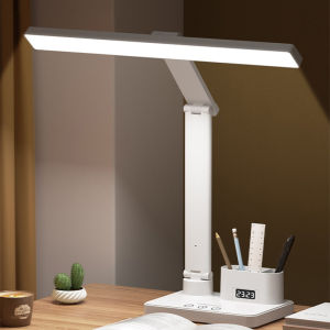 LED Clock Table Lamp USB Chargeable Dimmable Desk Lamp 2 Heads 180 Rotate Foldable Eye Protection Reading Night Light