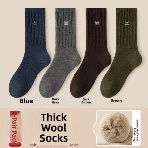Thickened Woolen Mens Mid-calf Socks Cat Person Long Tube Fleece Lined Warm Heating Wool Circle Home Comfortable Autumn Winter