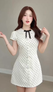Đầm chấm bi cổ sen nơ đen dáng ôm chữ A Cloudy Pink Váy ngắn vintage phong cách Hàn Quốc V04